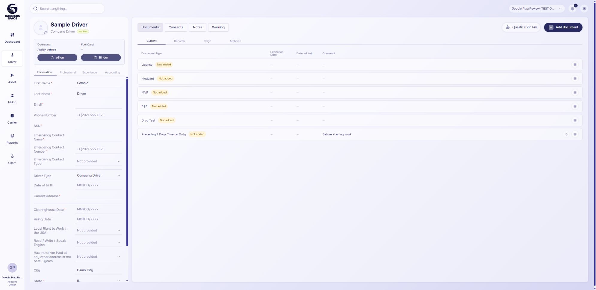 Actual Carriers Space driver profile and document checklist with synthetic data