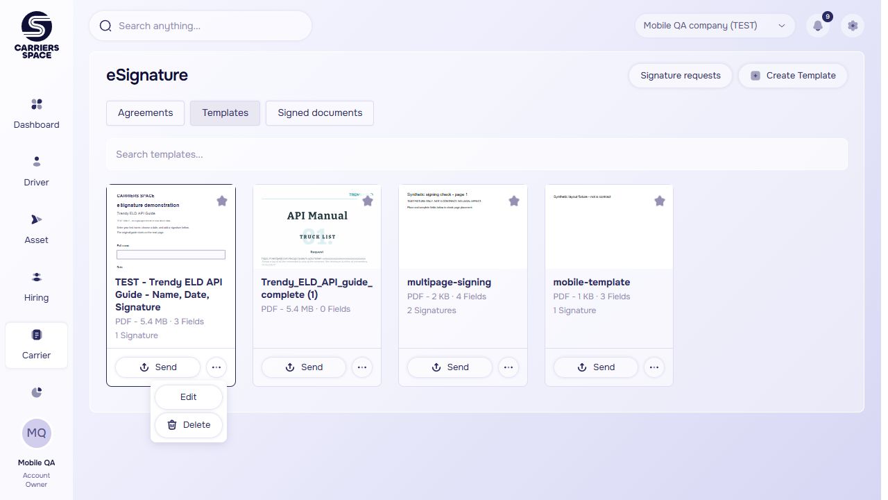 Carriers Space signing templates in a synthetic test company